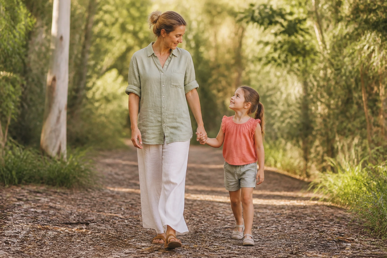 A mother and young child walking together along a leafy Queensland path