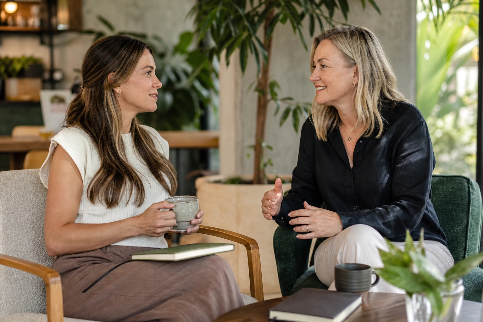 Two independent allied-health professionals in conversation