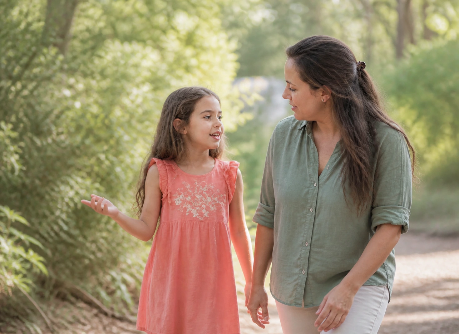 A young child speaking confidently while her mother listens outdoors