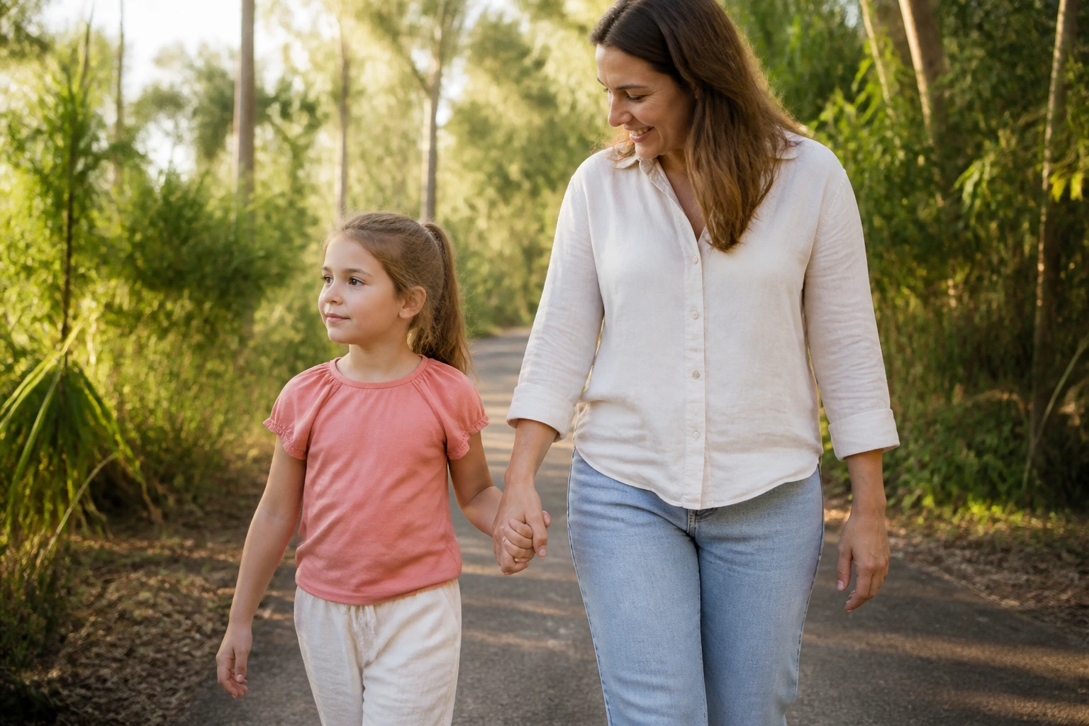 A mother and young child walking forward together on a leafy path
