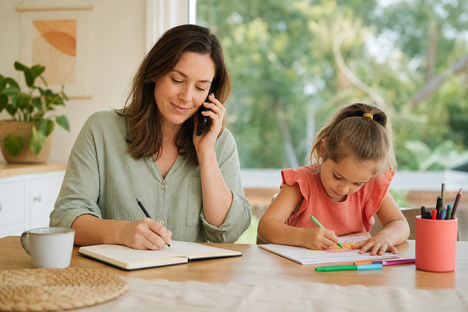 A mother making a phone call while her child draws beside her
