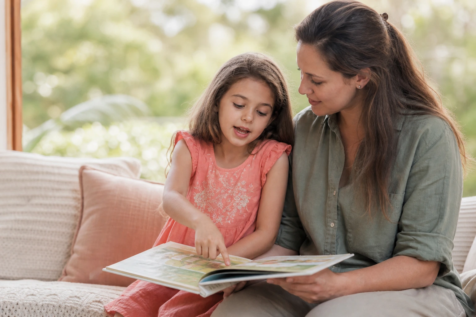 A mother and her young child sharing a picture book together