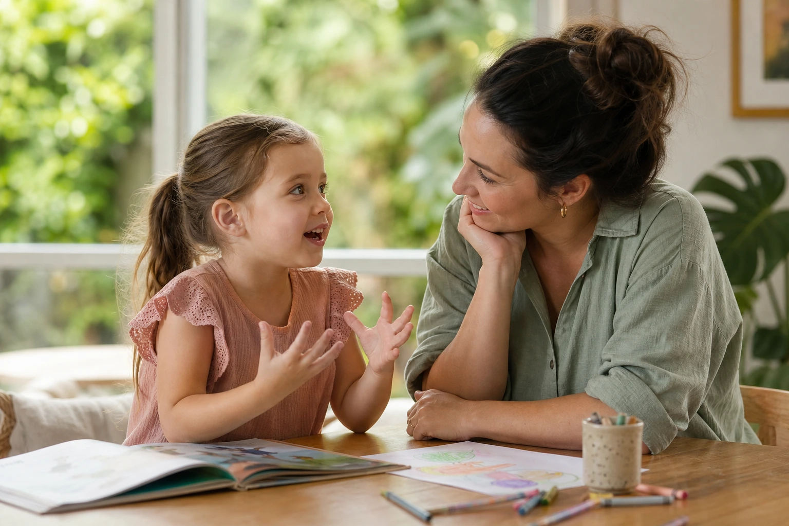 A young child enthusiastically telling her mother a story